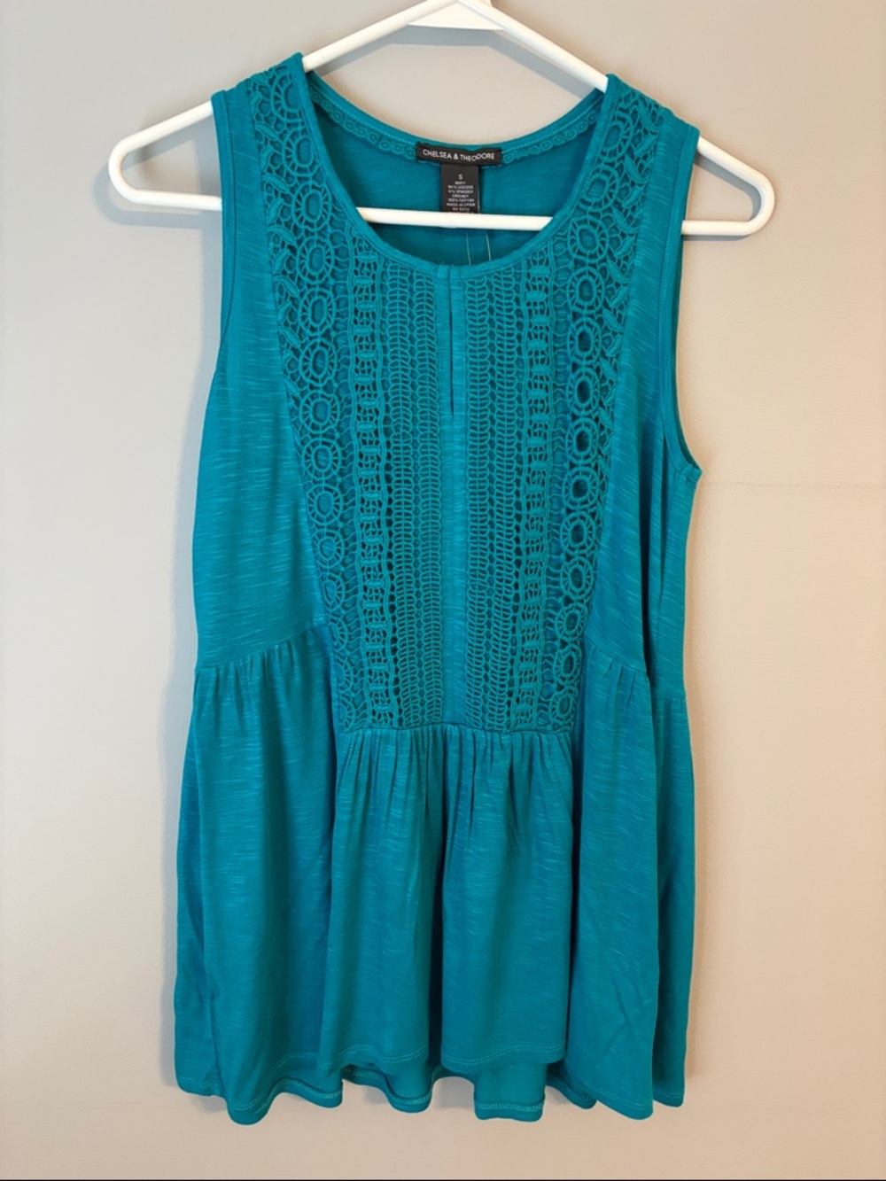 Chelsea & Theodore Teal Crochet-Front Peplum Tank Top